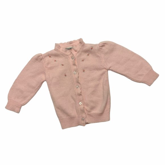 Vintage Little Girls Pink Cardigan Rose Detail Ruffle MOP Buttons Adorab… - Picture 9 of 10